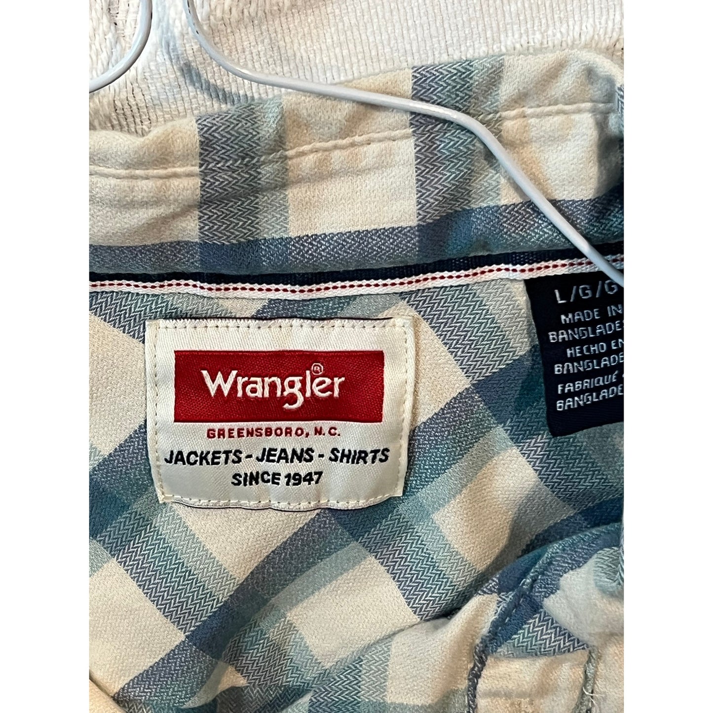 Wrangler Blue White Checked Flannel Button Down Shirt Mens L