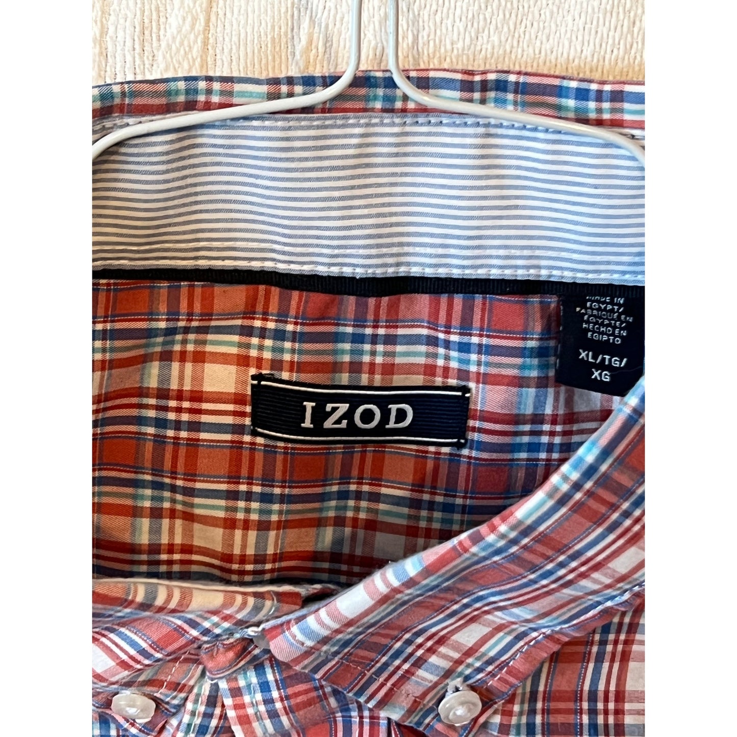 Izod Red Blue Checked Button Down Dress Shirt Mens XL