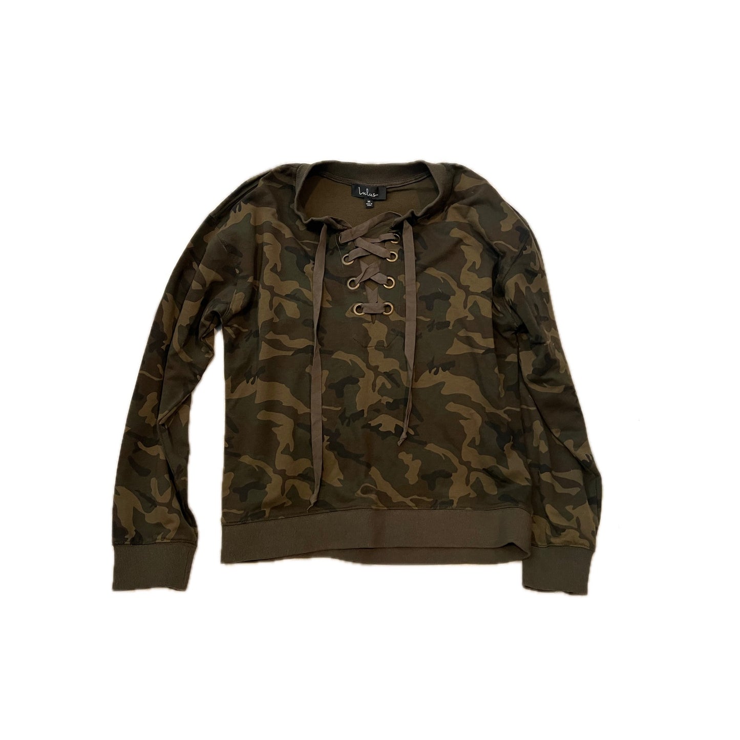 Suéter LuLu's Army of One con cordones de camuflaje verde, talla M de mujer