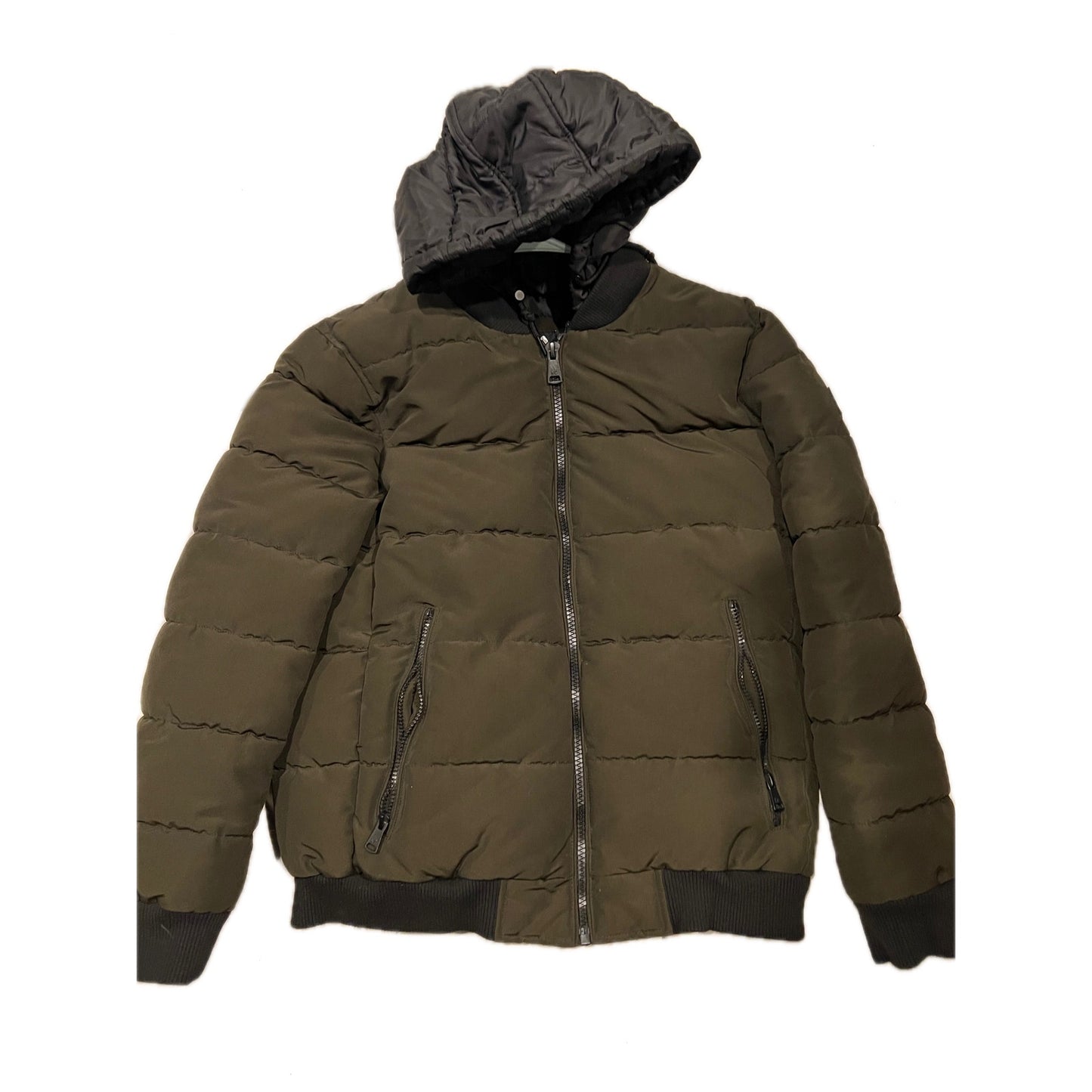 Kenneth Cole Bomber Acolchado con Capucha Oliva Doble Cierre de Cremallera Hombre Med