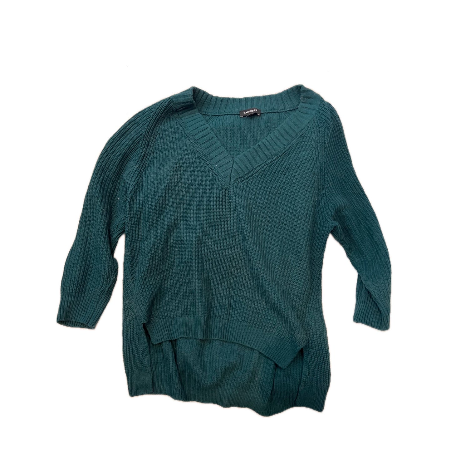 Suéter de punto trenzado verde con cuello en V Express para mujer, talla pequeña