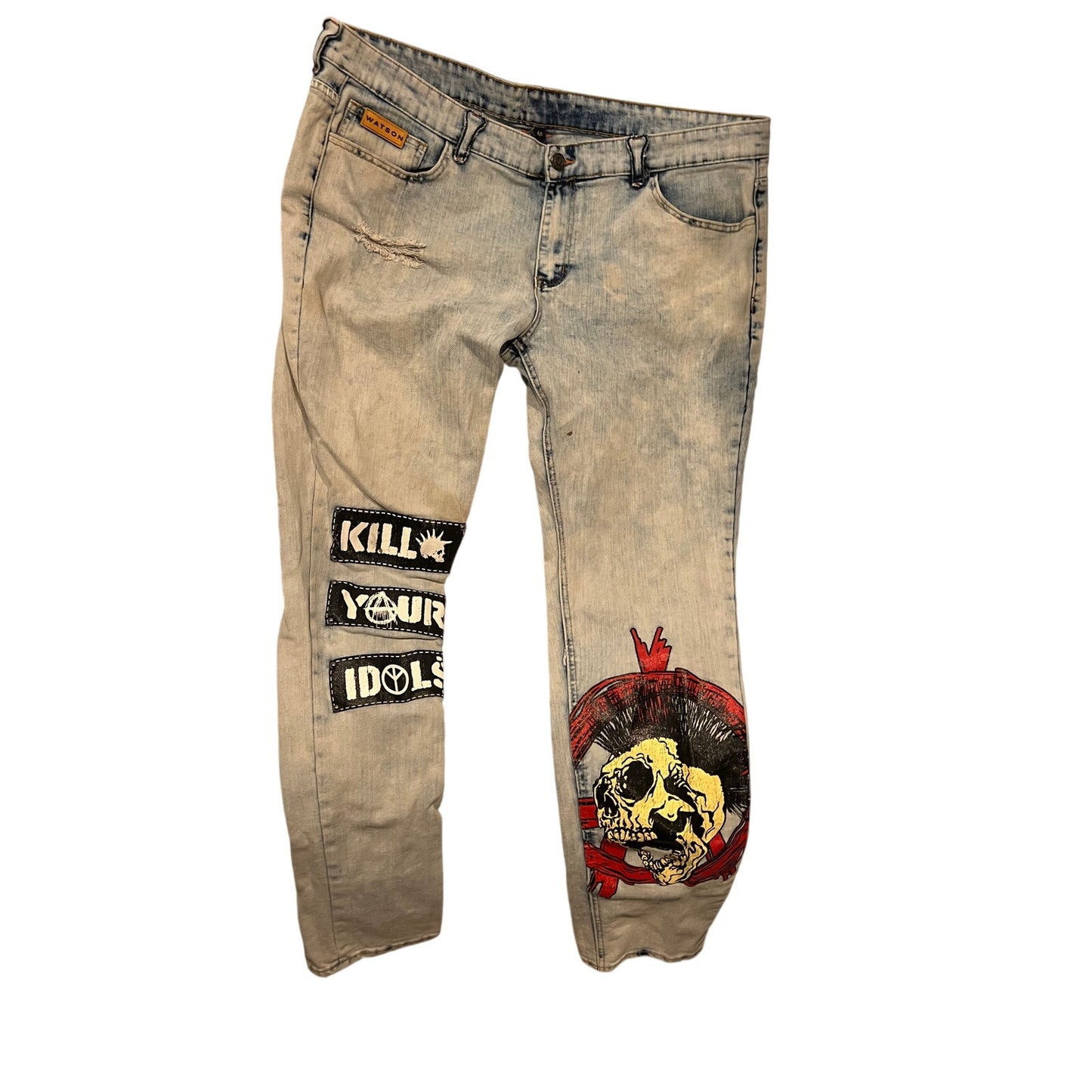 Watson Distressed Lite Wash Skull Patch Punk Jeans 40x33