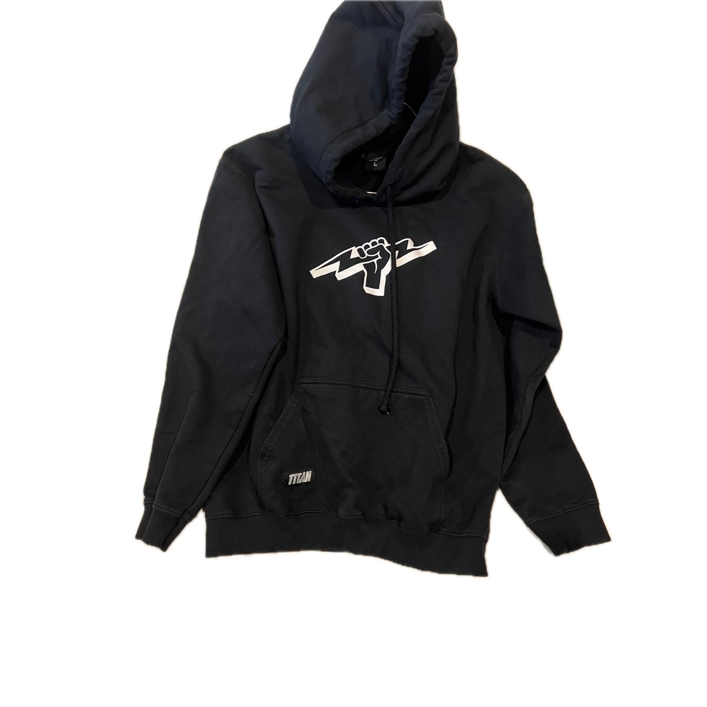 Titan Hand Holding Lighting Bolt Black Hoodie Mens L